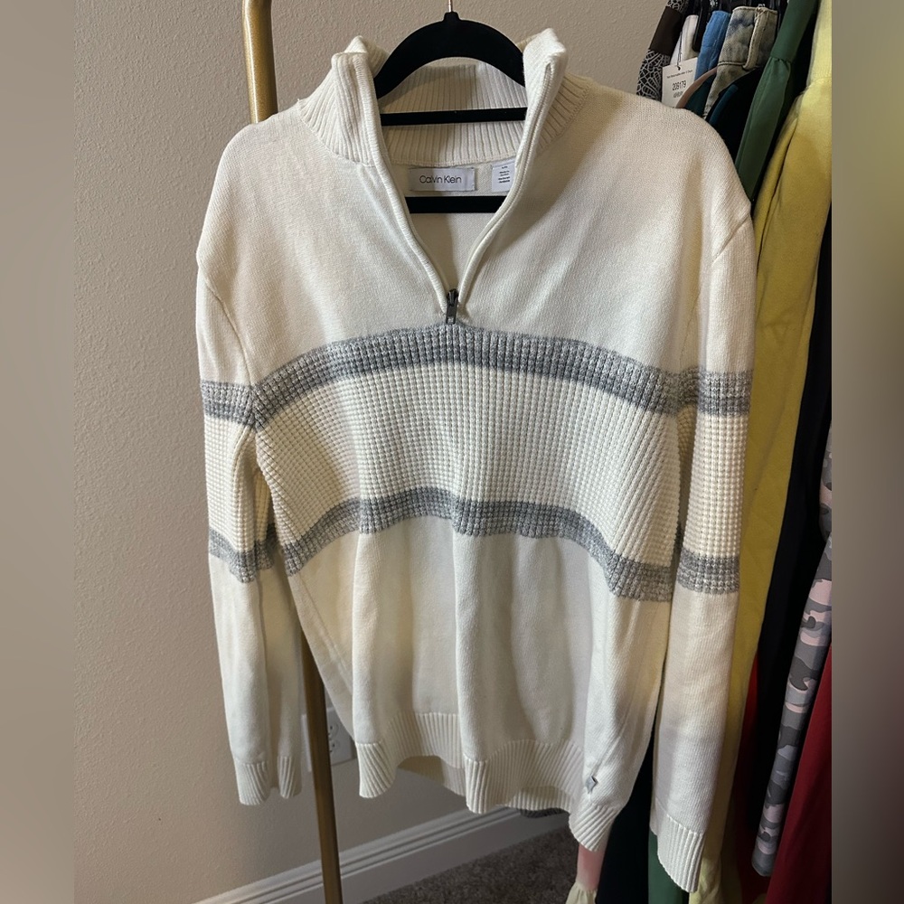 Calvin Klein Cream and Gray Half-Zip Sweater